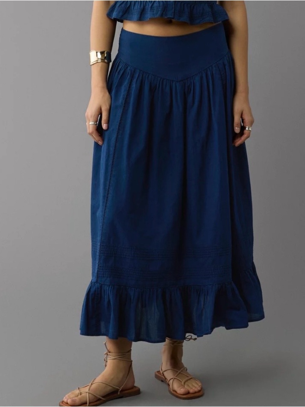 American Eagle NWT High-Waisted Ruffle Maxi Skirt M Blue Lace Boho Fall Denim - Picture 2 of 16